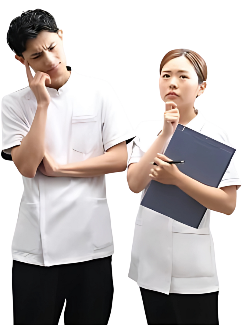 悩みを抱える施術家の男女。経営や集客、将来の不安について考えている様子。